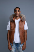 Men's Leather Rowan Vest With Raccoon Fur Hood [Caramel Crunch]