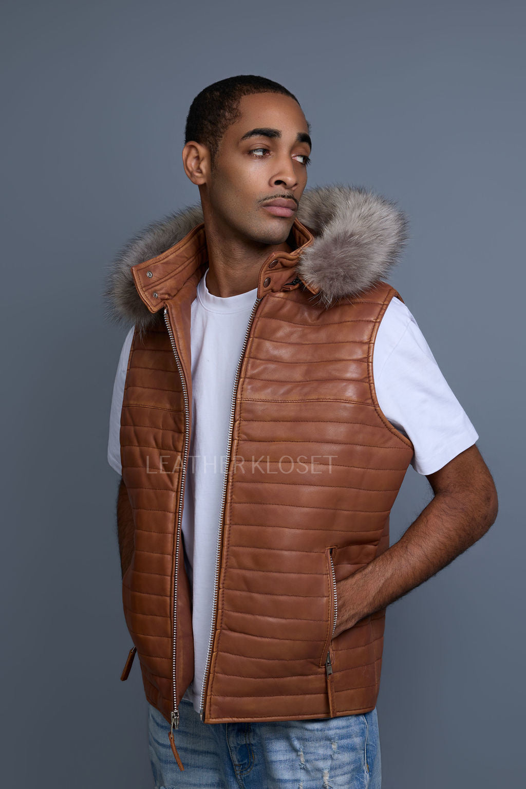 Men's Leather Rowan Vest With Raccoon Fur Hood [Caramel Crunch]