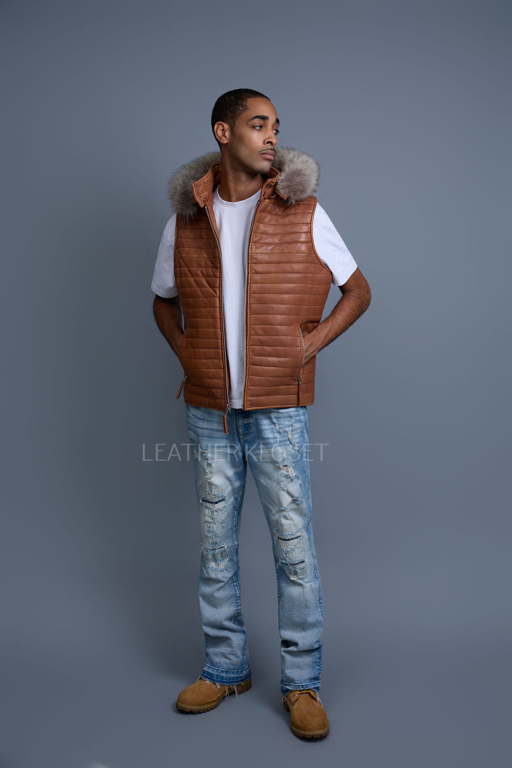 Men's Leather Rowan Vest With Raccoon Fur Hood [Caramel Crunch]