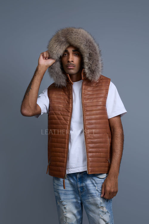 Men's Leather Rowan Vest With Raccoon Fur Hood [Caramel Crunch]