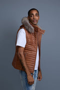 Men's Leather Rowan Vest With Raccoon Fur Hood [Caramel Crunch]