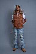 Men's Leather Rowan Vest With Raccoon Fur Hood [Caramel Crunch]