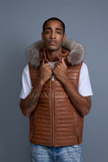 Men's Leather Rowan Vest With Raccoon Fur Hood [Caramel Crunch]