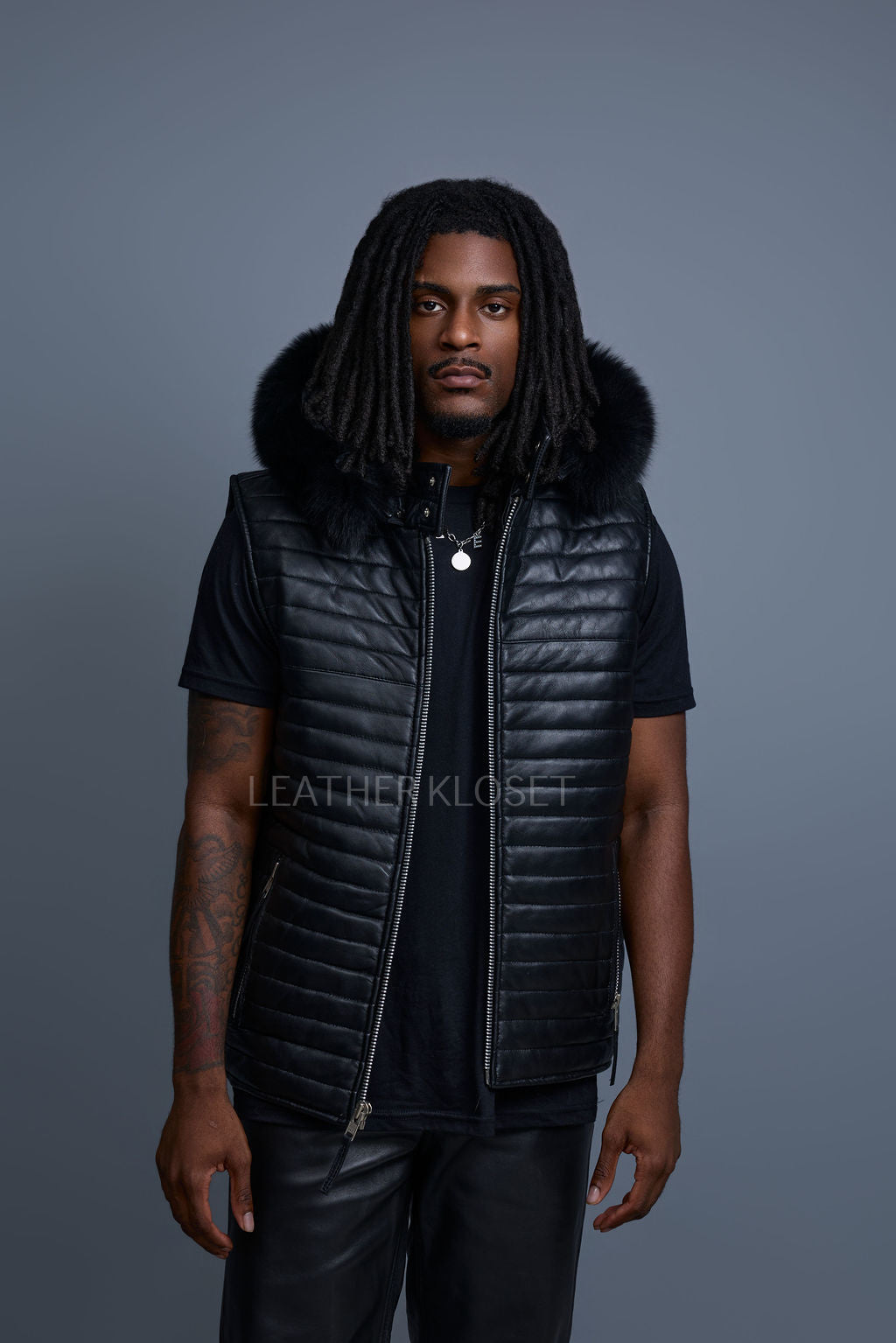 Men's Leather Rowan Vest With Fox Fur Hood [Black]