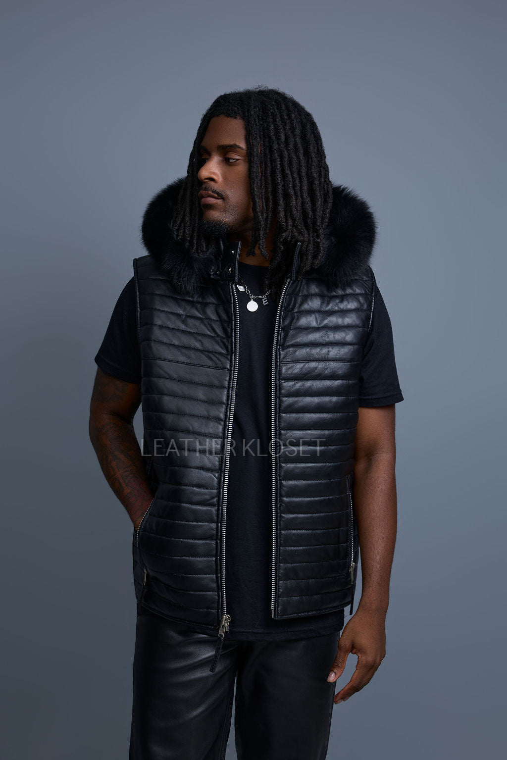 Men's Leather Rowan Vest With Fox Fur Hood [Black]