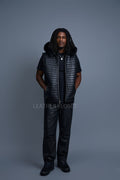Men's Leather Rowan Vest With Fox Fur Hood [Black]