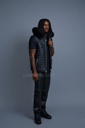 Men's Leather Rowan Vest With Fox Fur Hood [Black]