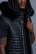 Men's Leather Rowan Vest With Fox Fur Hood [Black]