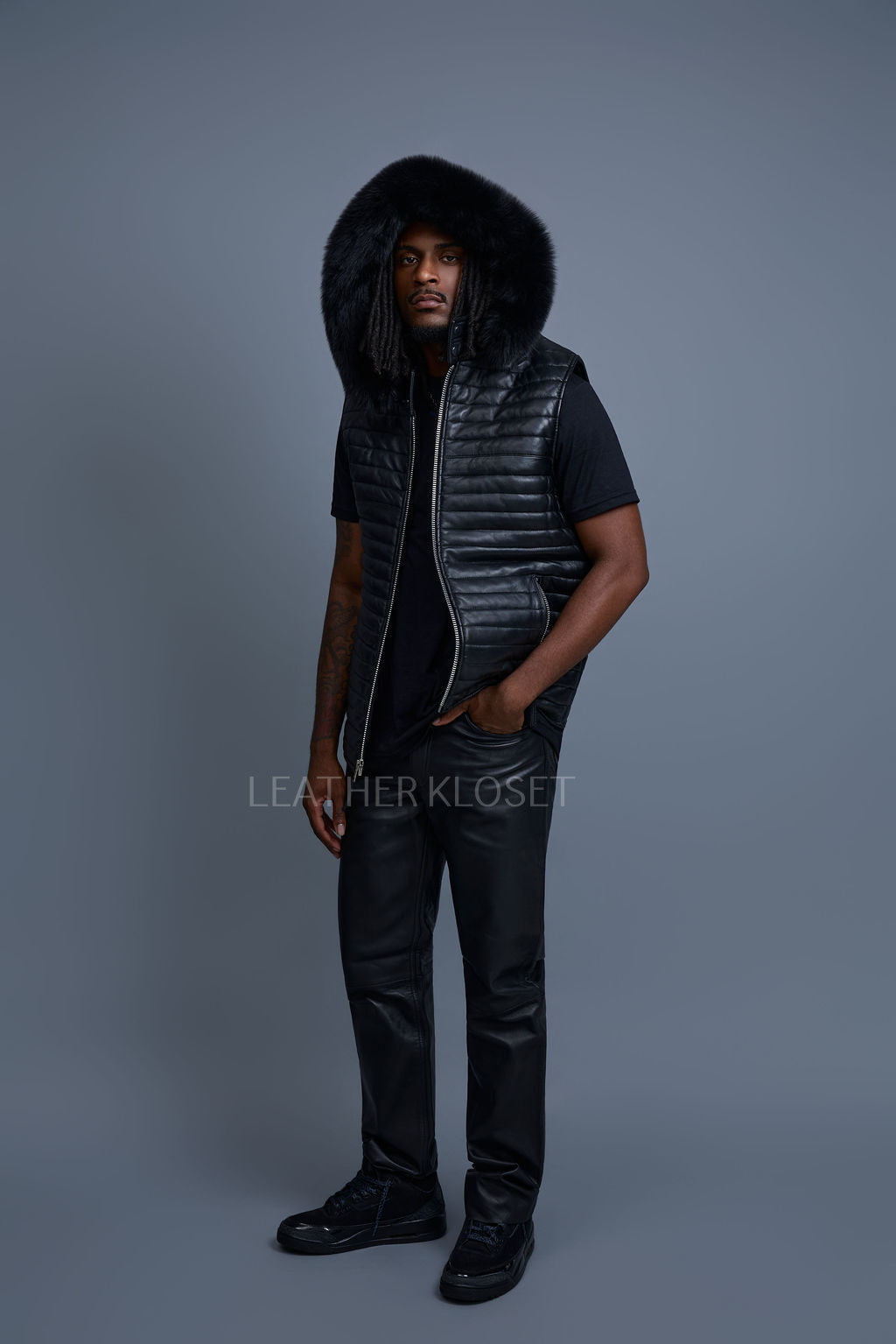 Men's Leather Rowan Vest With Fox Fur Hood [Black]