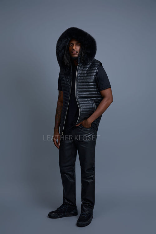 Men's Leather Rowan Vest With Fox Fur Hood [Black]