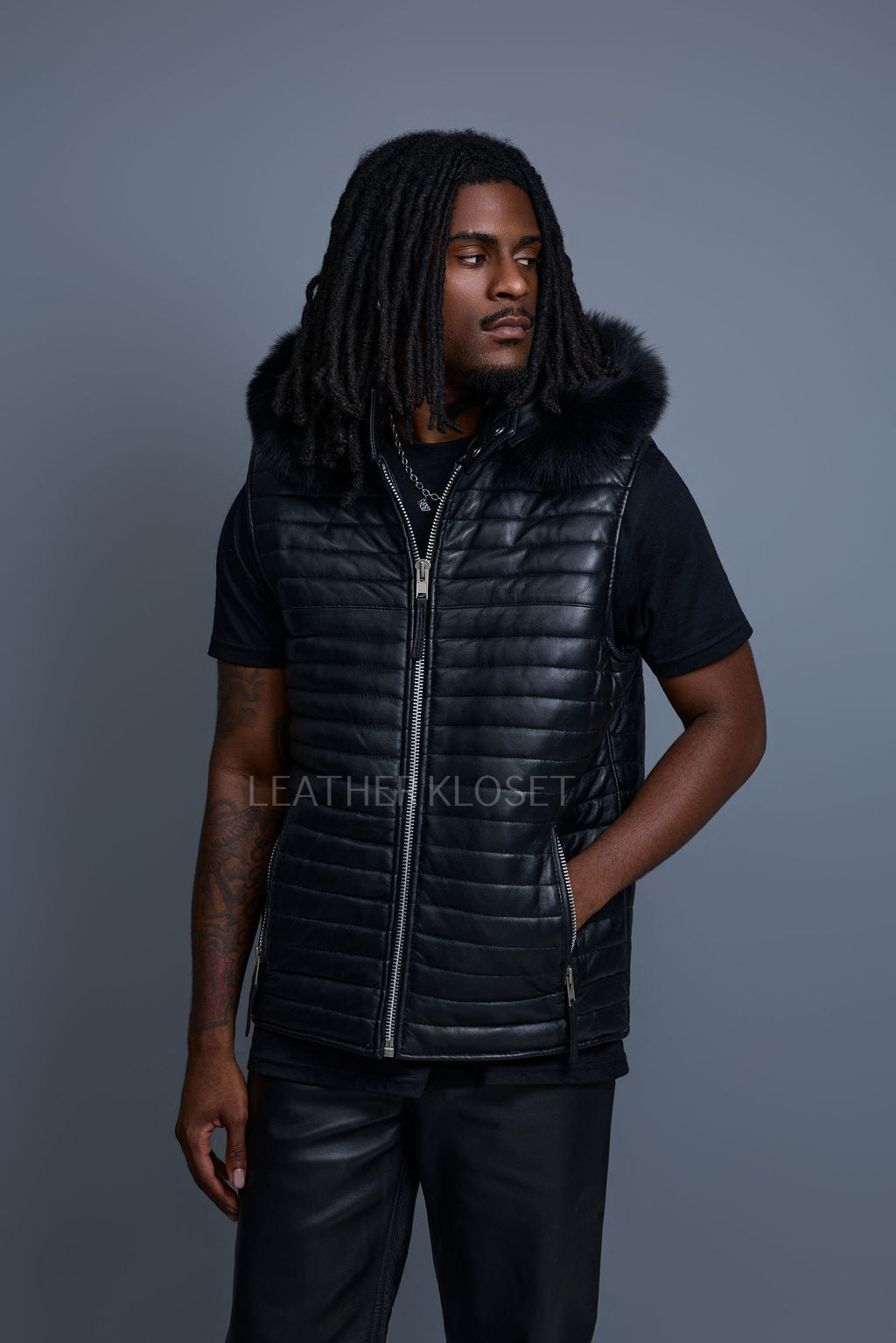 Men's Leather Rowan Vest With Fox Fur Hood [Black]