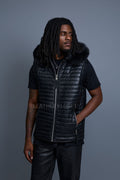 Men's Leather Rowan Vest With Fox Fur Hood [Black]