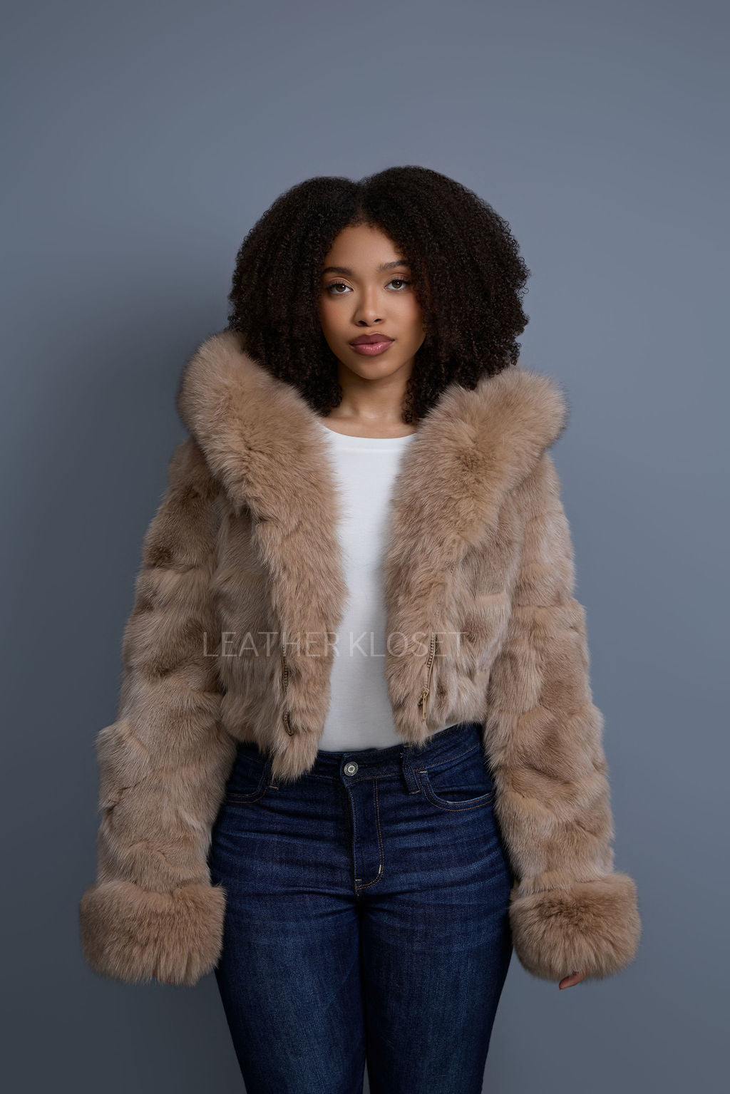 Women's Crop Fox Bomber With Hood [Coffee]