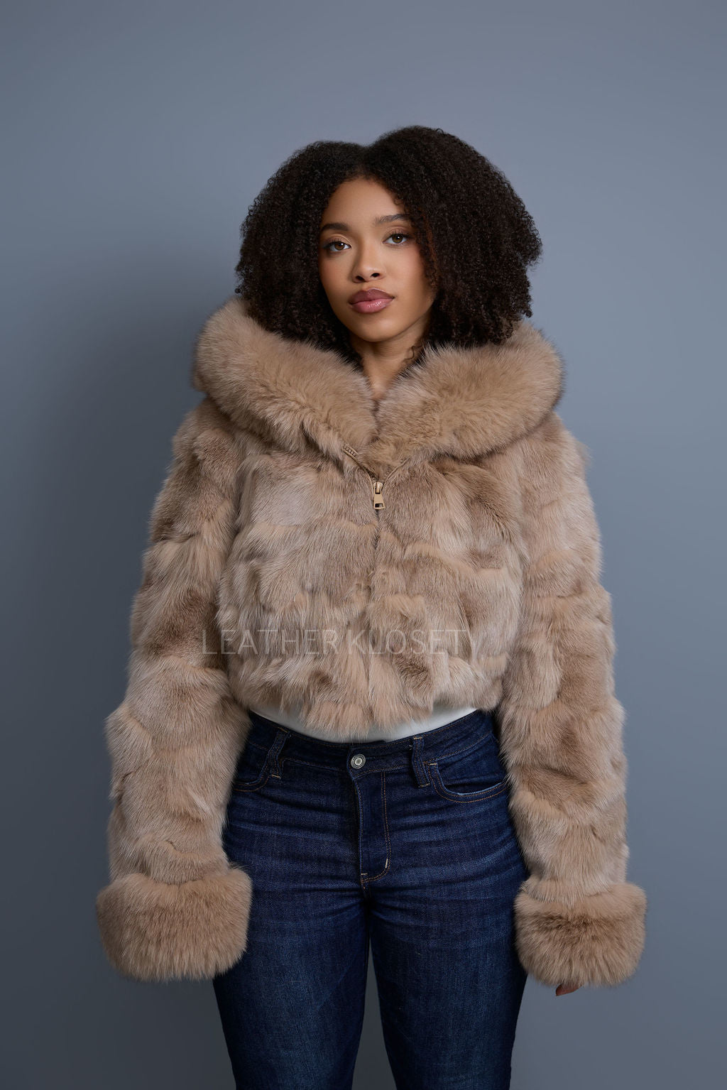 Women's Crop Fox Bomber With Hood [Coffee]