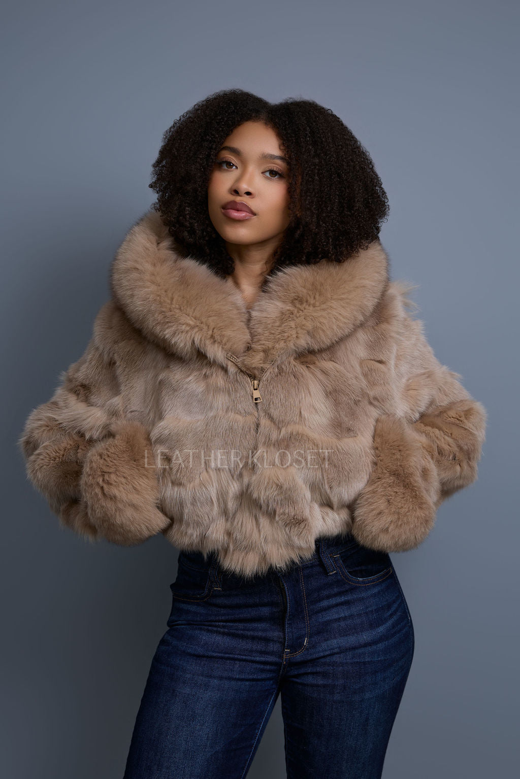 Women's Crop Fox Bomber With Hood [Coffee]