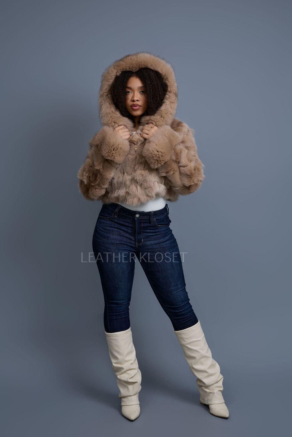 Women's Crop Fox Bomber With Hood [Coffee]