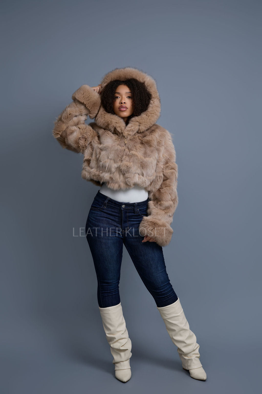 Women's Crop Fox Bomber With Hood [Coffee]