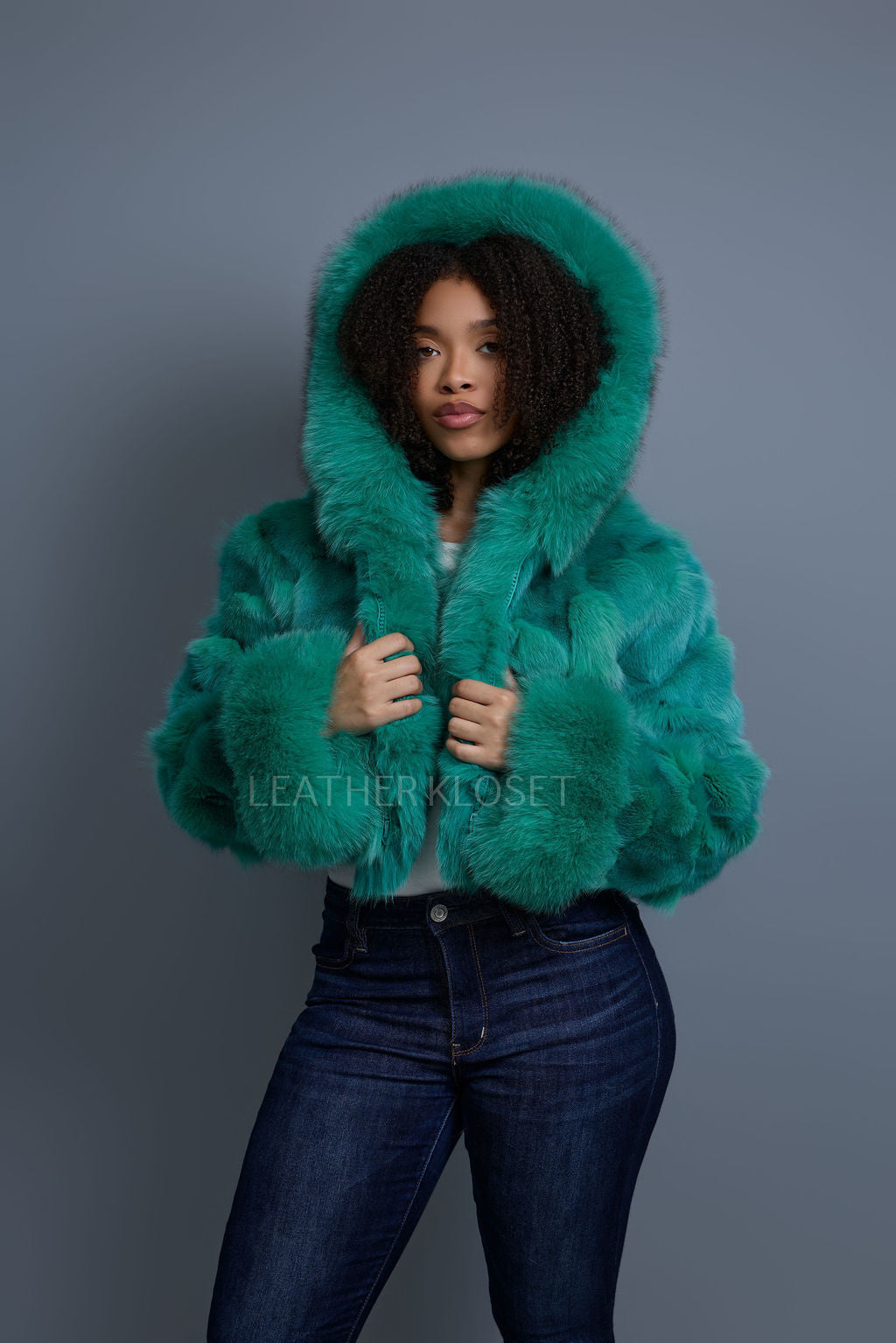 Women's Crop Fox Bomber With Hood [Aqua]