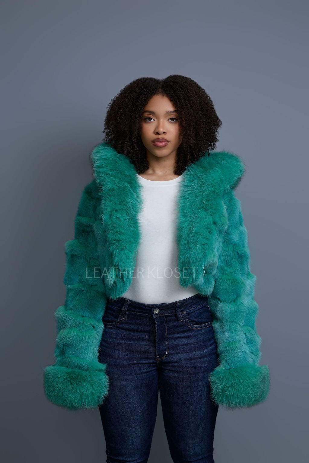 Women's Crop Fox Bomber With Hood [Aqua]