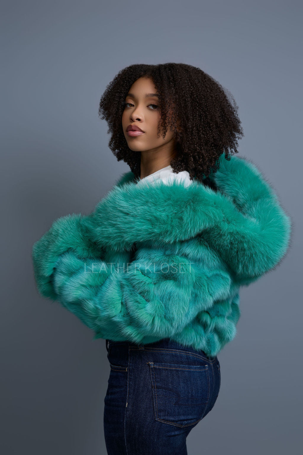 Women's Crop Fox Bomber With Hood [Aqua]