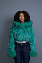 Women's Crop Fox Bomber With Hood [Aqua]