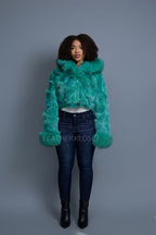 Women's Crop Fox Bomber With Hood [Aqua]