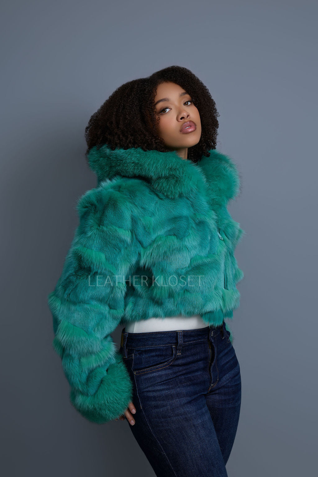 Women's Crop Fox Bomber With Hood [Aqua]