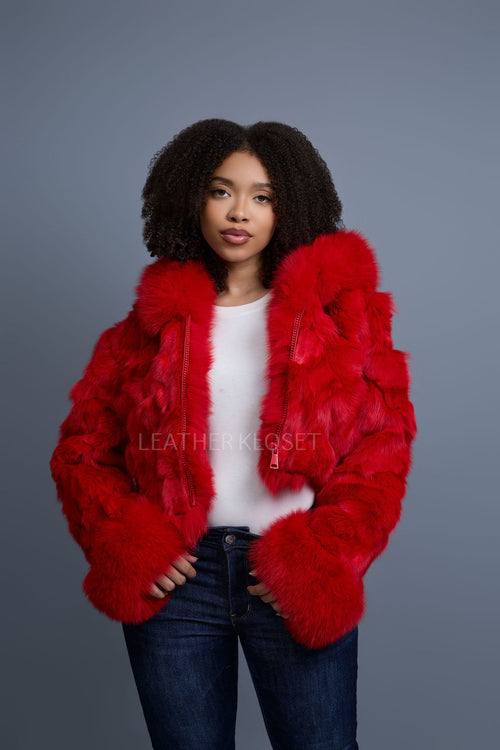 Women's Crop Fox Bomber With Hood [Red]