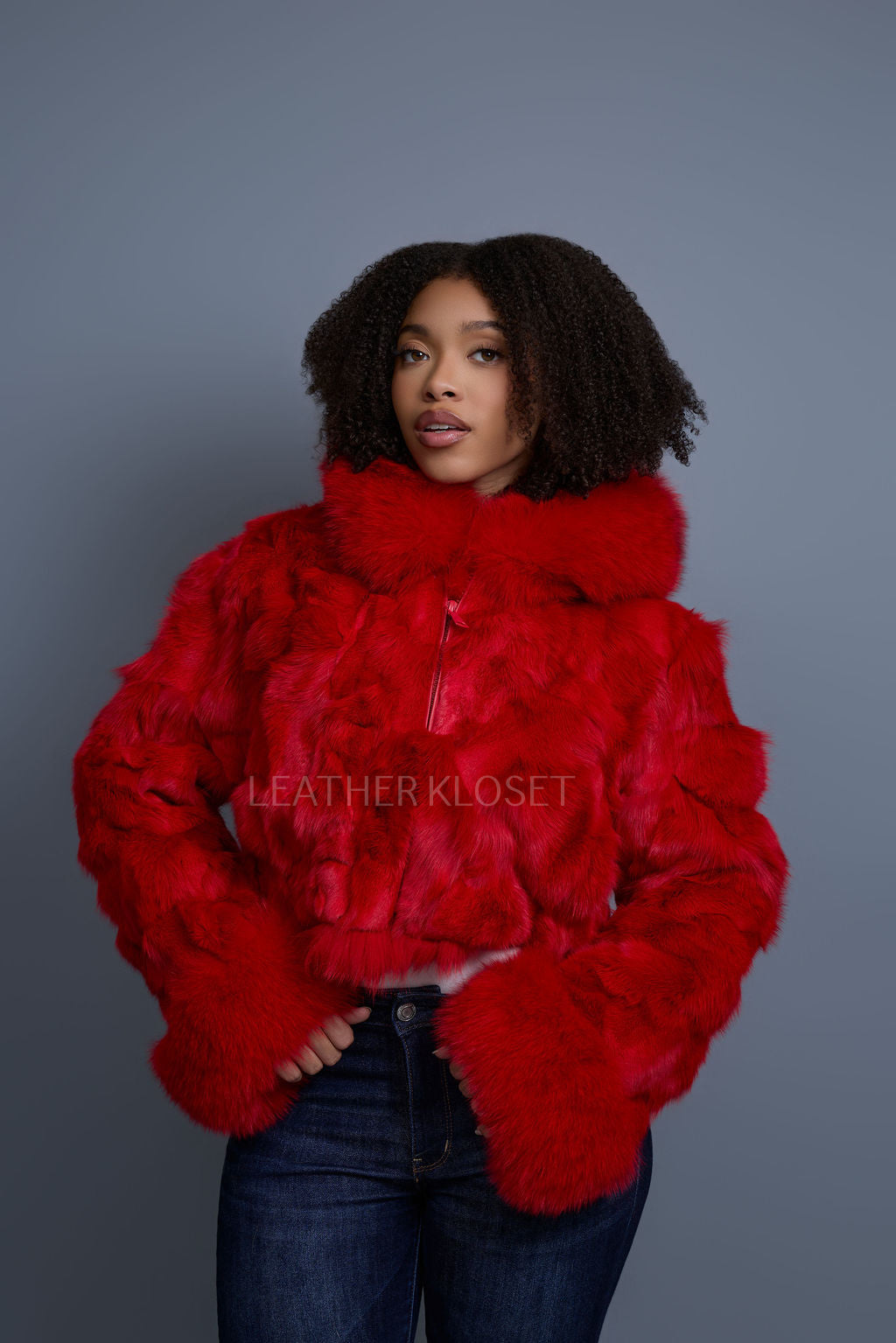 Women's Crop Fox Bomber With Hood [Red]
