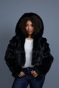 Women's Crop Fox Bomber With Hood [Black]