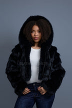 Women's Crop Fox Bomber With Hood [Black]