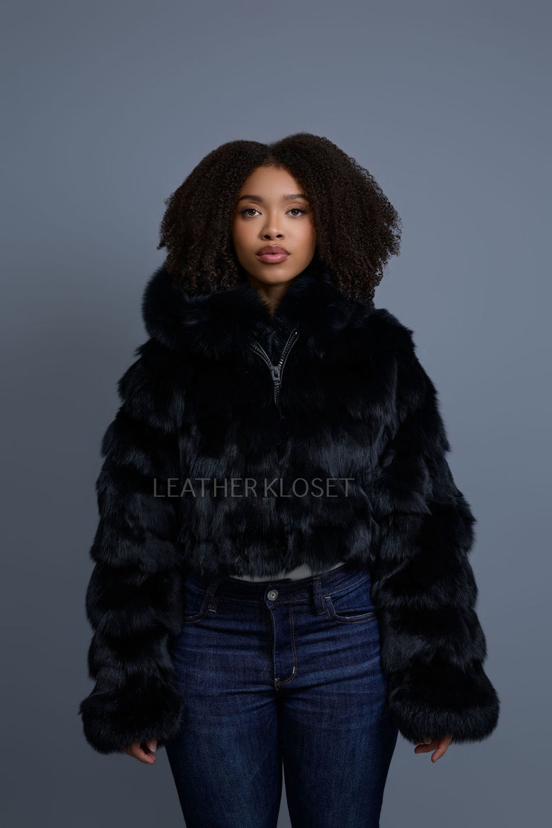 Women's Crop Fox Bomber With Hood [Black]