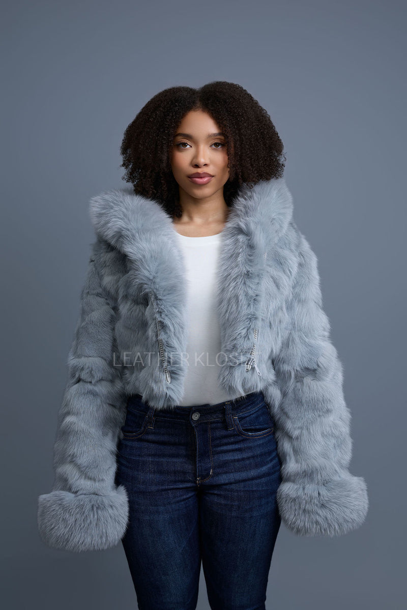 Women's Crop Fox Bomber With Hood [Grey]