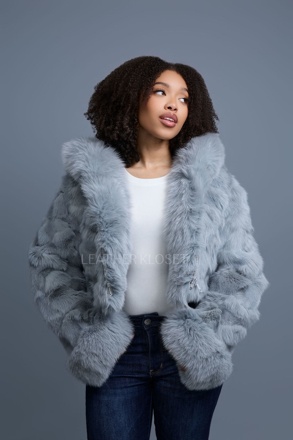 Women's Crop Fox Bomber With Hood [Grey]