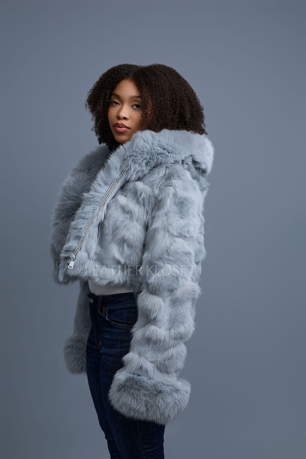 Women's Crop Fox Bomber With Hood [Grey]