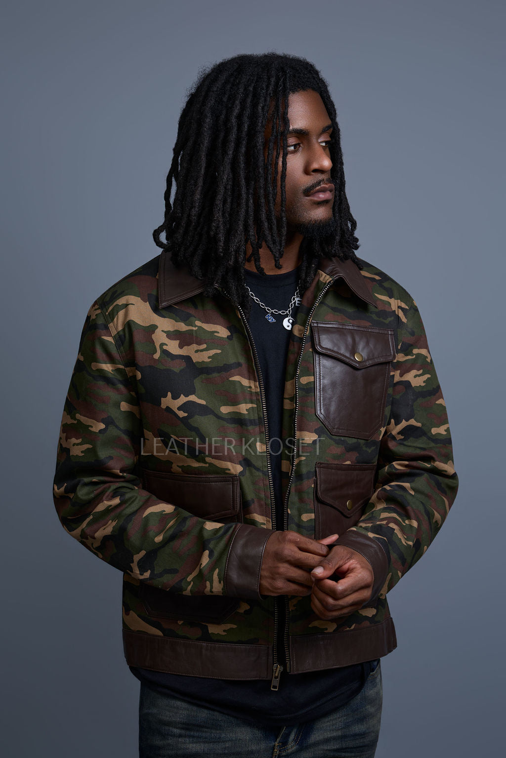 Men's Camron Camo Cotton & Leather Jacket