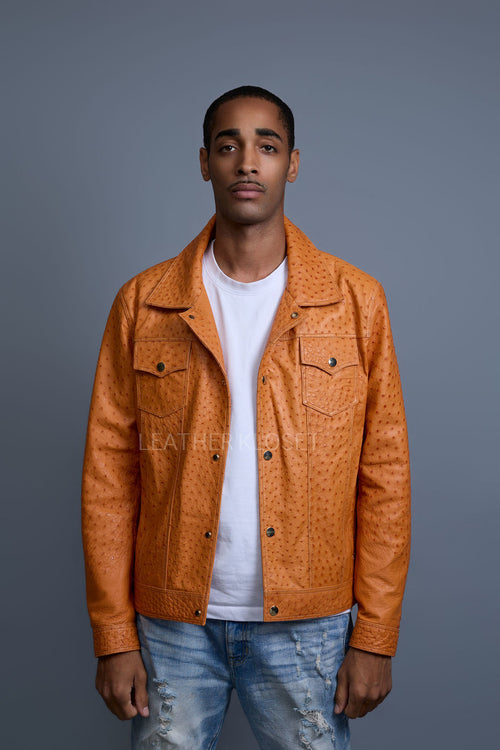 Men's Dylan Real Ostrich Leather Jean Jacket [Rust]