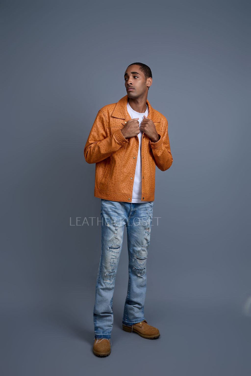 Men's Dylan Real Ostrich Leather Jean Jacket [Rust]