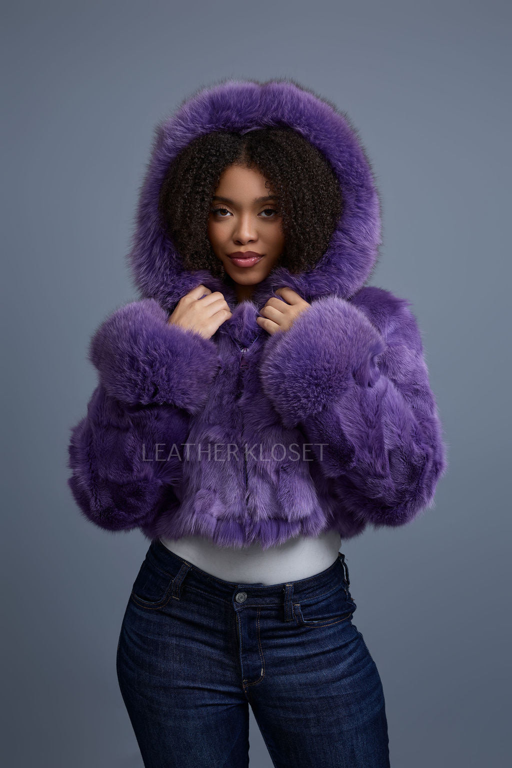 Women's Crop Fox Bomber With Hood [Lavender]