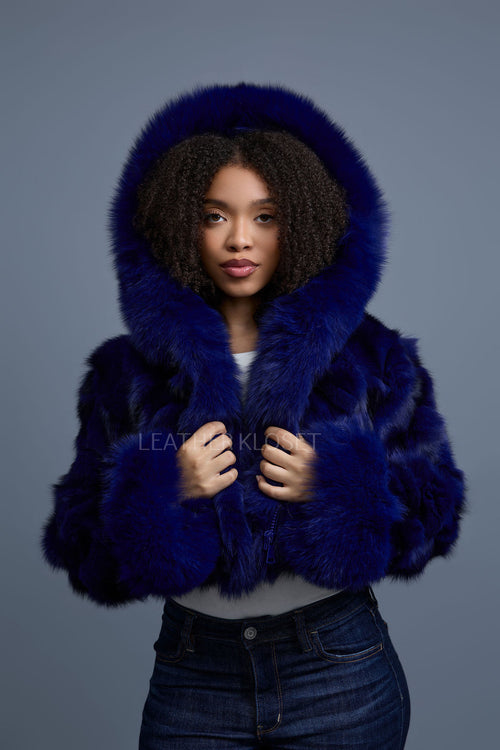 Women's Crop Fox Bomber With Hood [Midnight Blue]