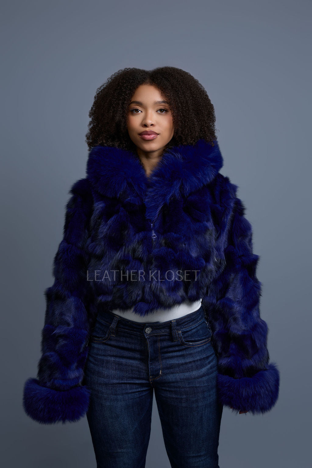 Women's Crop Fox Bomber With Hood [Midnight Blue]