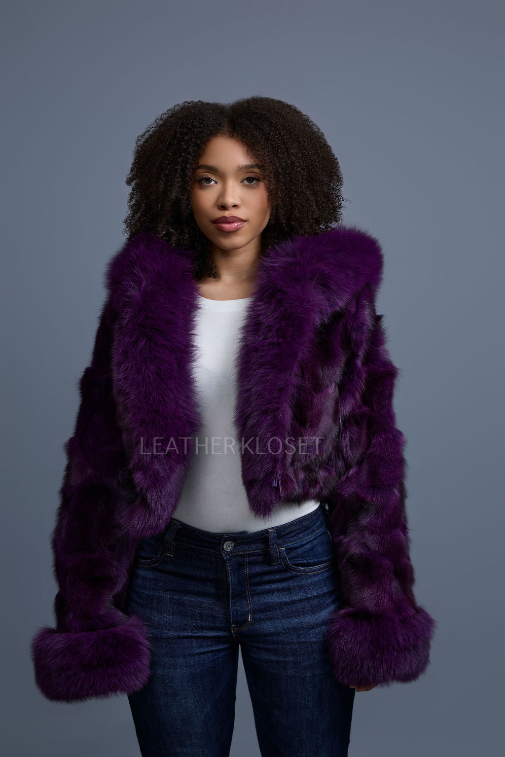 Women's Crop Fox Bomber With Hood [Purple]