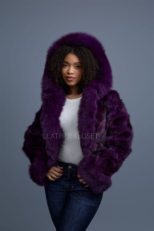 Women's Crop Fox Bomber With Hood [Purple]