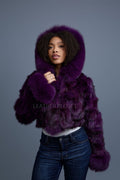 Women's Crop Fox Bomber With Hood [Purple]