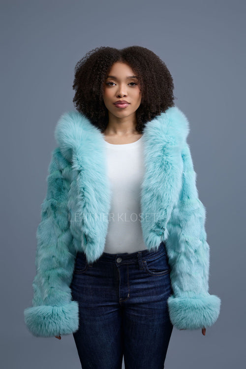 Women's Crop Fox Bomber With Hood [Light Teal]