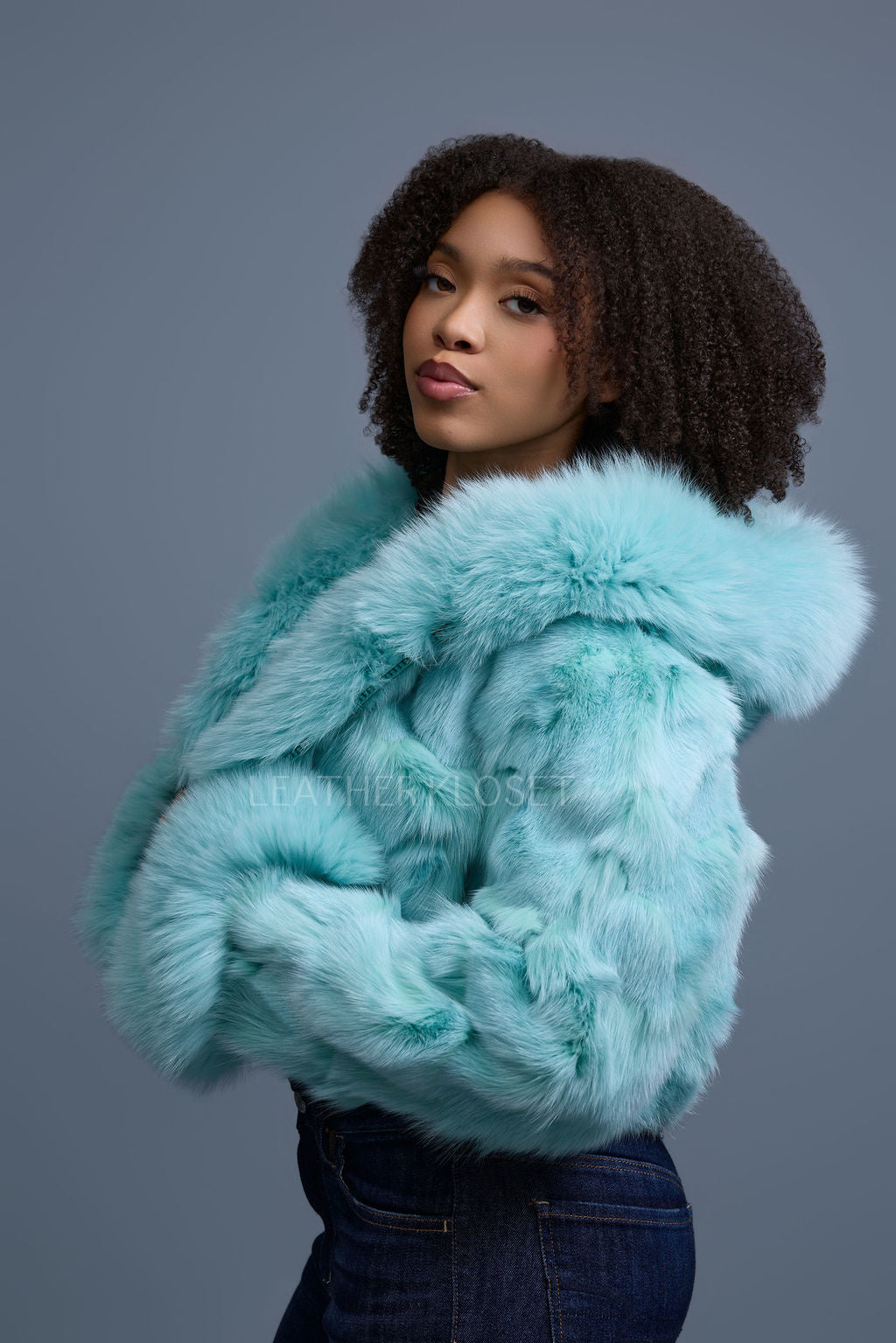 Women's Crop Fox Bomber With Hood [Light Teal]