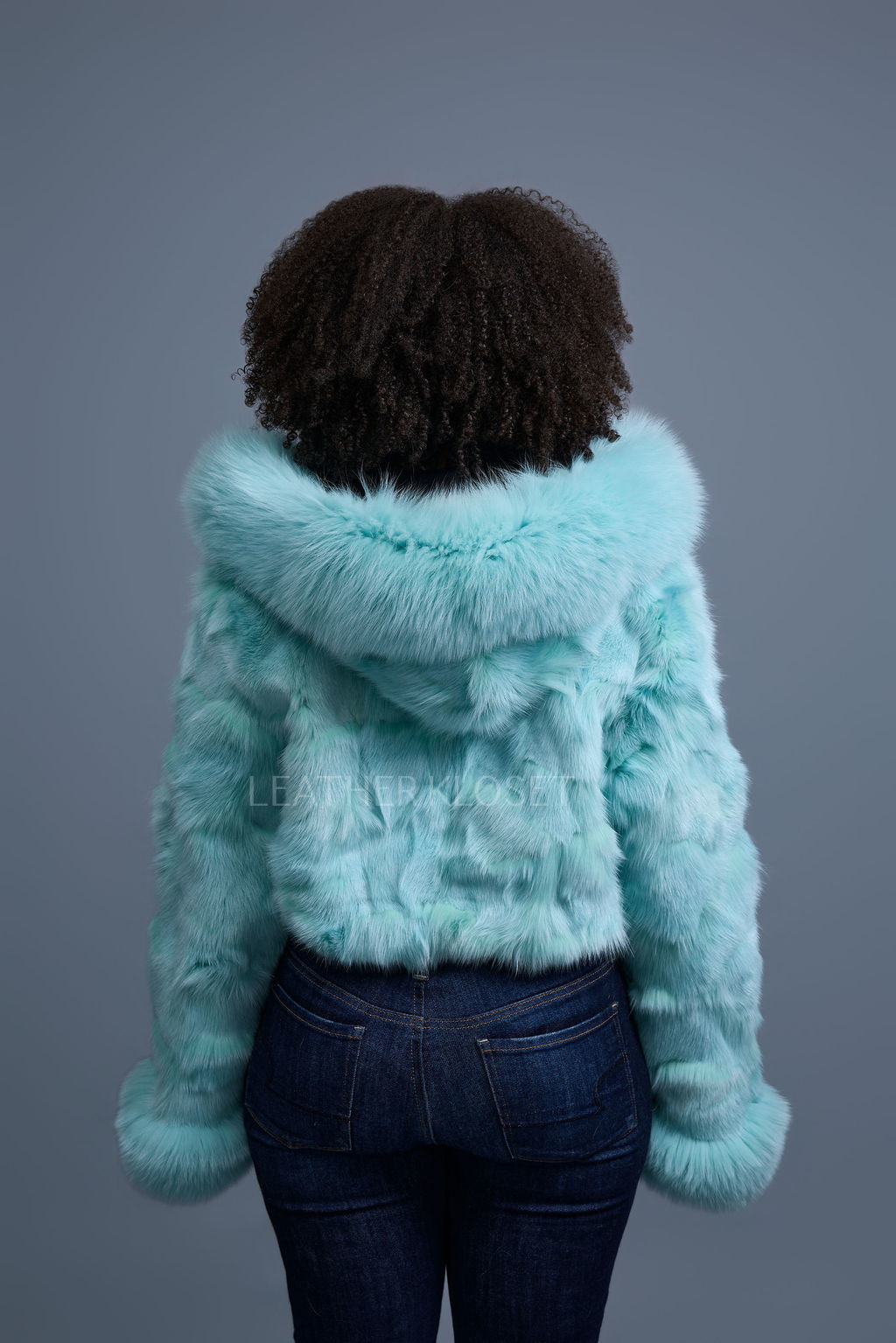 Women's Crop Fox Bomber With Hood [Light Teal]