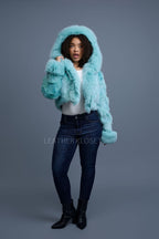 Women's Crop Fox Bomber With Hood [Light Teal]