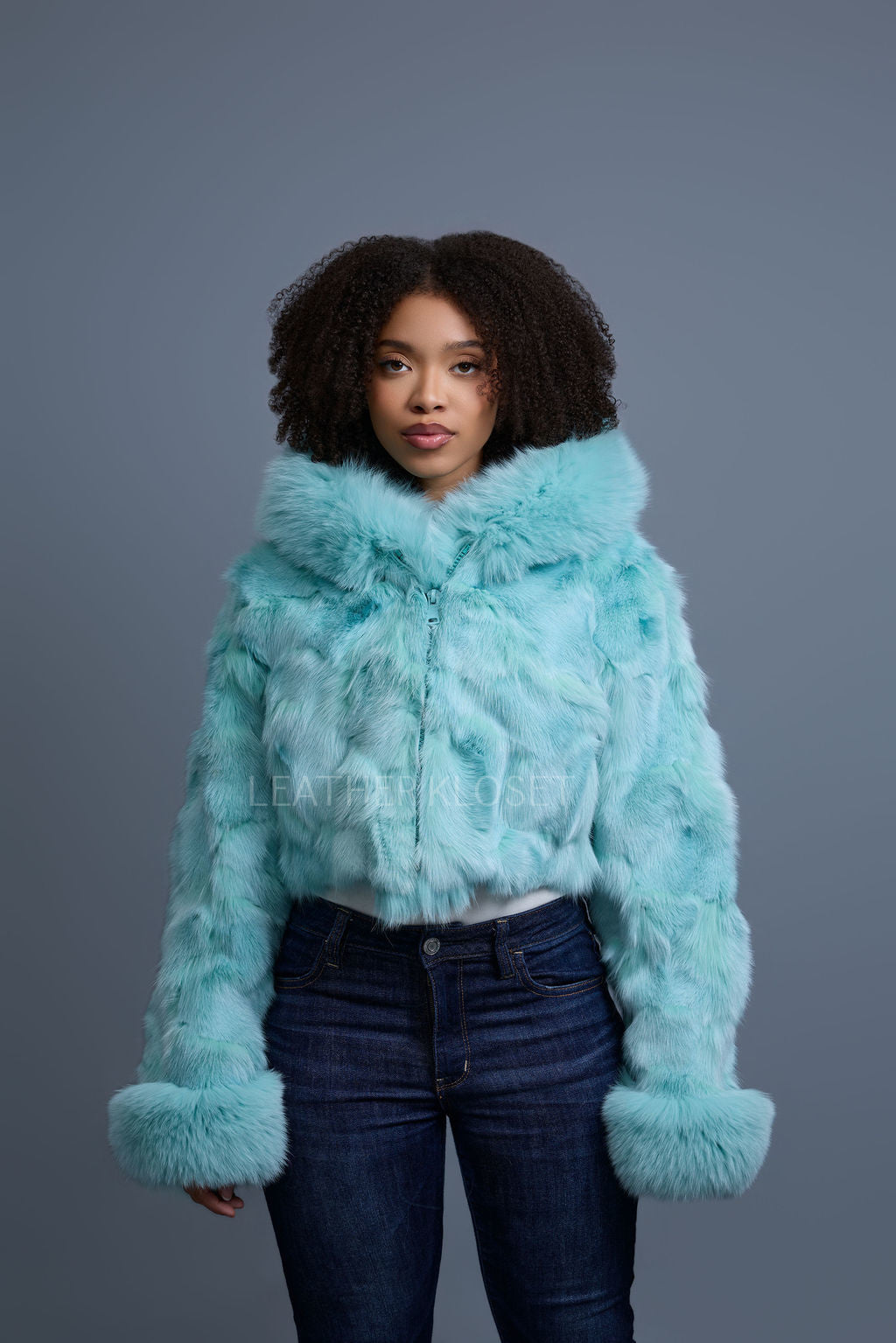 Women's Crop Fox Bomber With Hood [Light Teal]