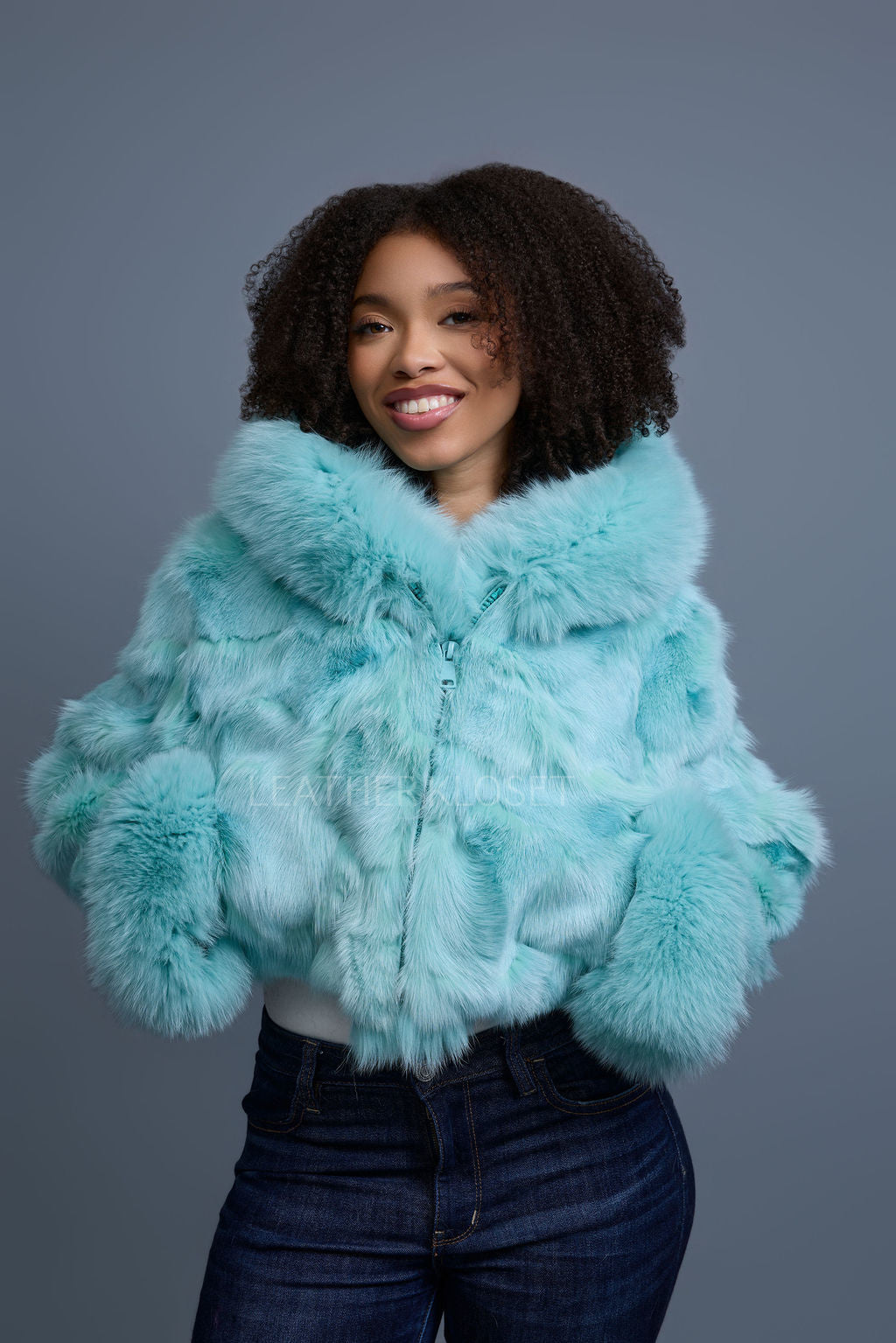 Women's Crop Fox Bomber With Hood [Light Teal]